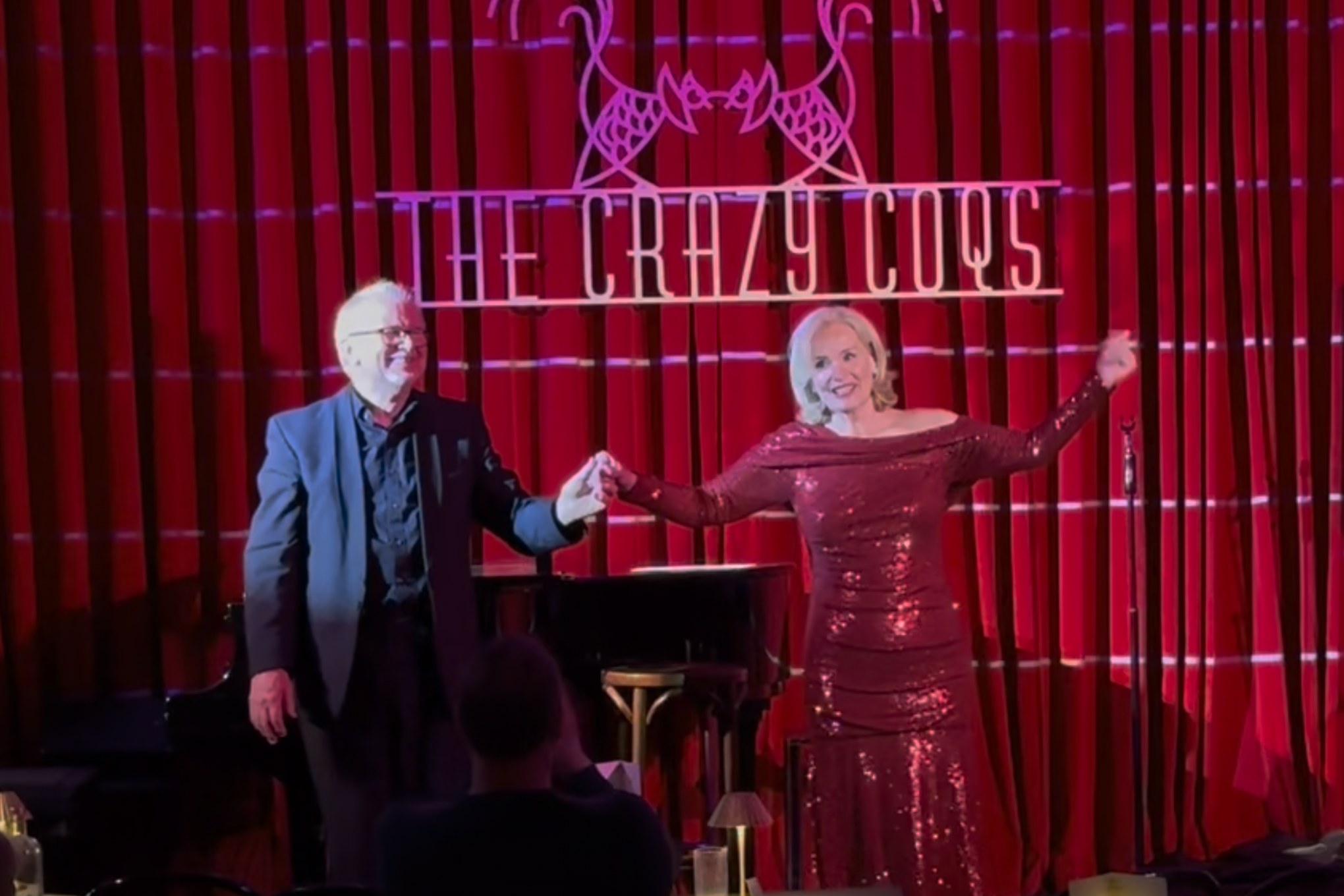 Tom Wakeley and Nicky Gayner taking a curtain call together at The Crazy Coqs